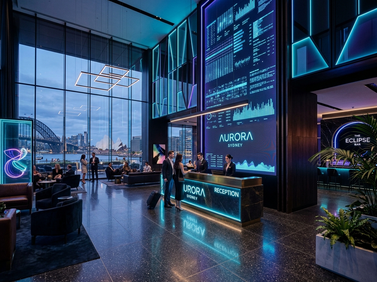 Luxury hotel lobby with futuristic neon accents in Australia