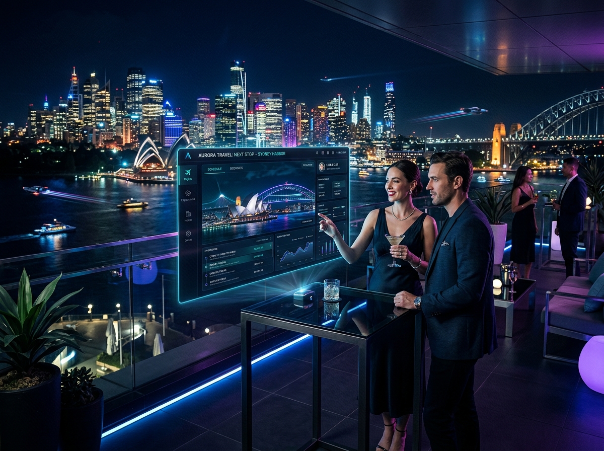 Futuristic Australian luxury travel experience with neon city lights
