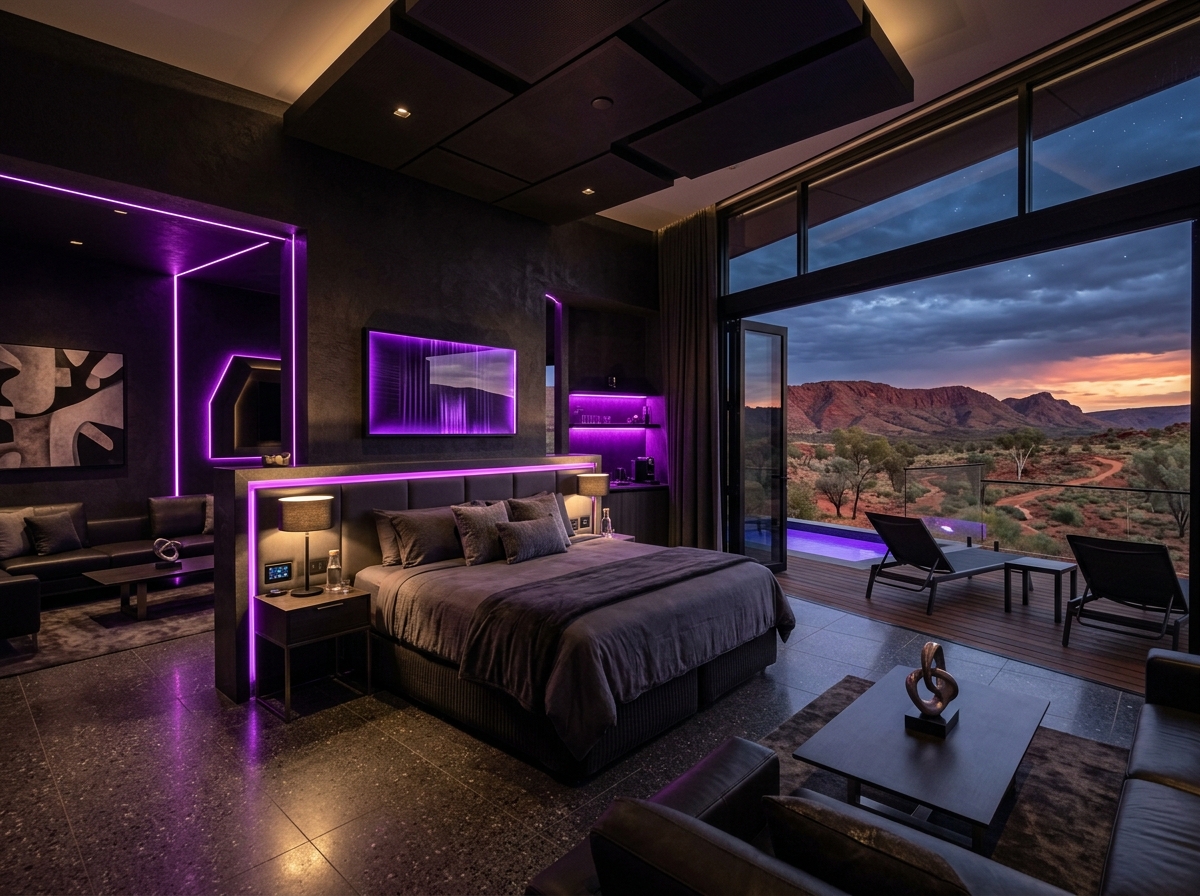 Luxury desert hotel suite in Alice Springs with outback view