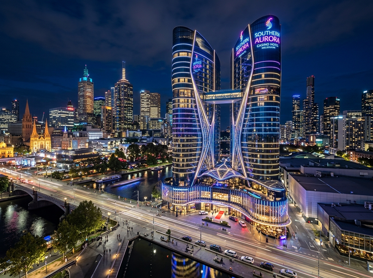 Southern Aurora Casino Hotel in Melbourne at night