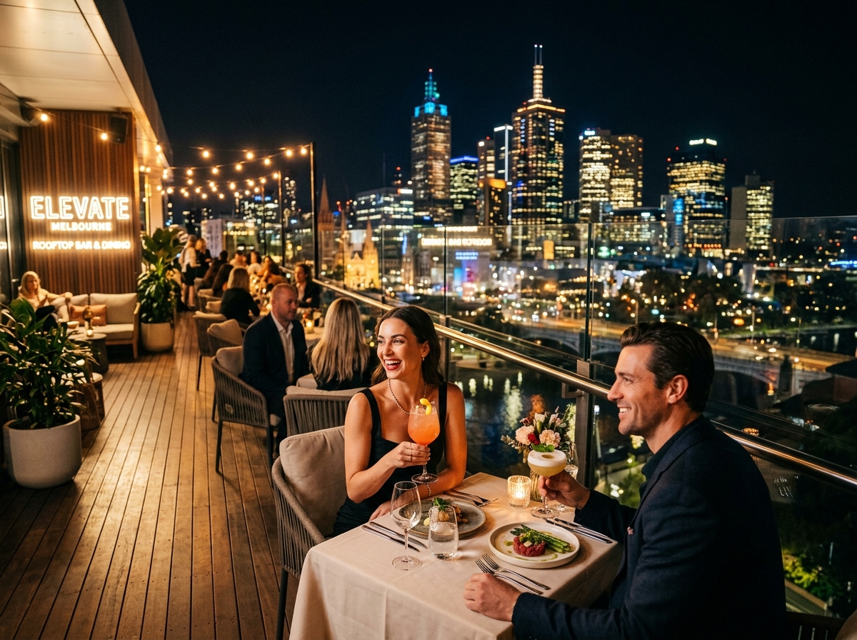 Rooftop fine dining restaurant in Melbourne at night