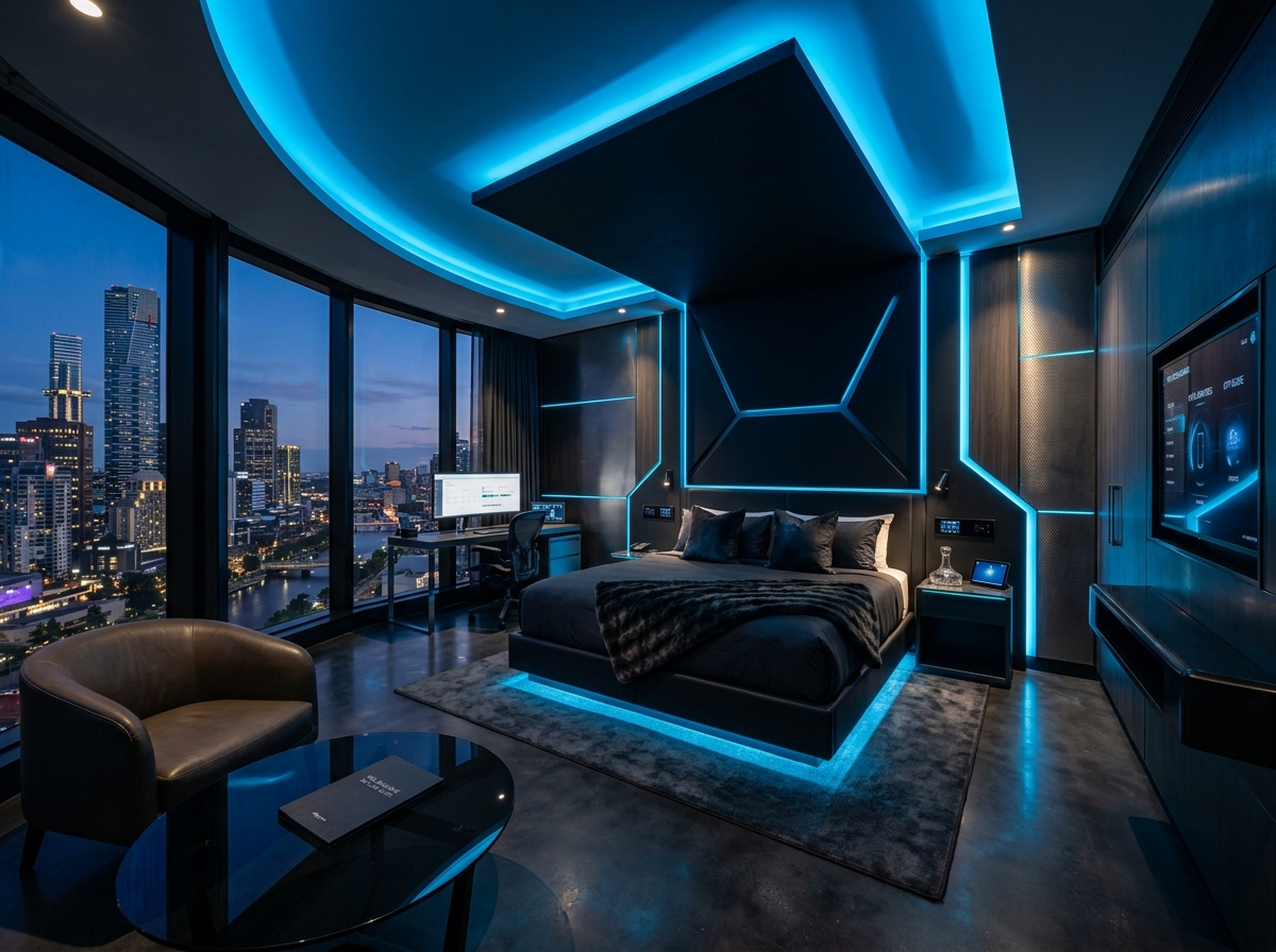 Luxury futuristic hotel room in Melbourne with skyline view